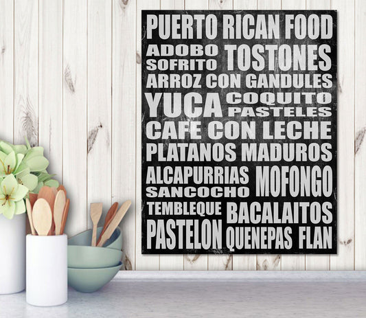 Puerto Rican Food Word Art Sign Poster, Modern Contemporary Home Wall Decor, Print, Kitchen, Restaurant, Vintage Subway Various Sizes, BLACK