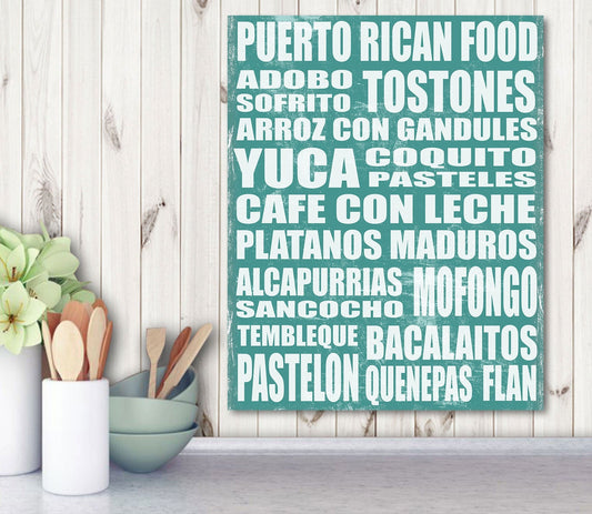 Puerto Rico Food Word Art Sign Poster, Modern Contemporary Home Wall Decor, Print, Kitchen, Restaurant, Vintage, Subway, Various Sizes, TEAL