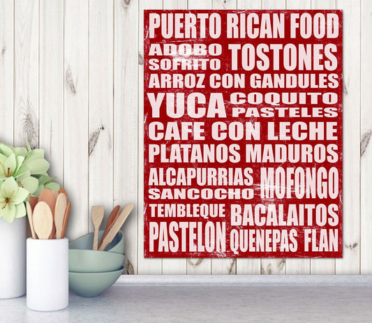 Puerto Rican Food Sign Poster, Word Art, Modern Boricua Home Wall Decor, Kitchen Print, Restaurant, Vintage, Subway, Various Sizes, RED