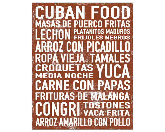 Cuban Food Word Art Poster, Modern Contemporary Home Wall Decor, Print, Kitchen, Restaurant, Vintage, Subway Art, Sign, Various Sizes, Brown