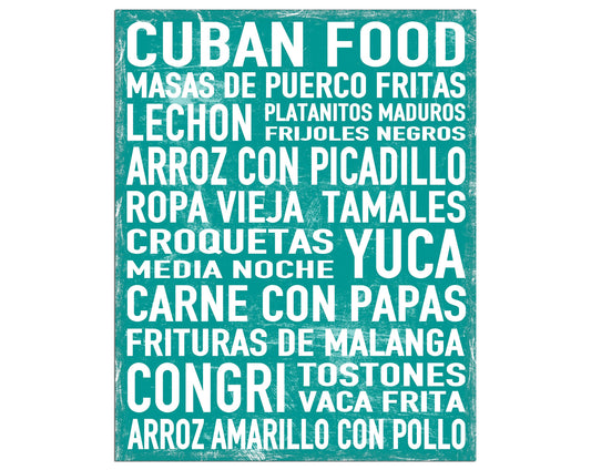 Cuban Food Word Art Poster, Modern Contemporary Home Wall Decor, Print, Kitchen, Restaurant, Vintage, Subway Art, Sign, Various Sizes, Teal